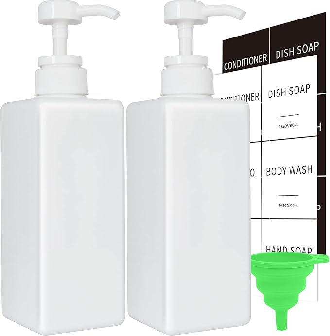 White Soap Dispenser with Waterproof Labels, Thickened Plastic Hand Soap Dispenser for Bathroom, Kitchen Dish Washing Liquid Bottles, Shampoo and Conditioner Bottles with Funnel (16oz 2Pack White)