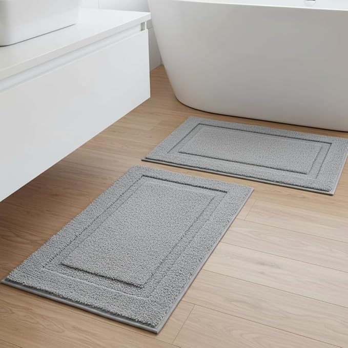 SHACOS Super Soft Bathroom Rugs Set of 2 Pieces 20x32 + 16x24 inch Non Slip Washable Bath Rugs Absorbent Bath Mats Microfiber Plush Rug for Bathroom Shower Tub, Light Grey