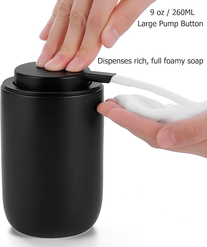 Foaming Soap Dispenser Thick Ceramic Foam Hand Soap Dispenser for Bathroom or Kitchen Sink, Liquid Pump Bottles for Hand soap, Body Wash, 2 Pack Black