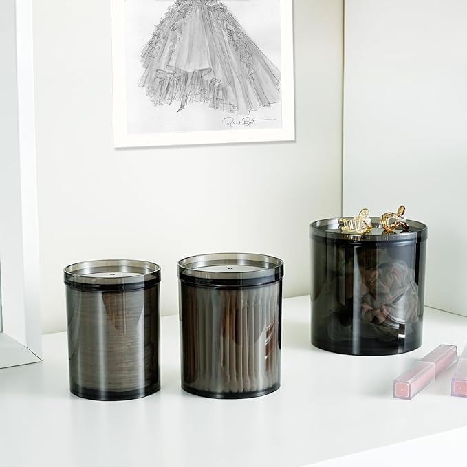 SheeChung 3-Pack Stackable Black Qtip Holder Set - (10/12/20oz) Mixed Sizes Apothecary Jars with Storage Lids - Modern Bathroom Vanity Organizer for Cotton Swabs, Balls, Pads - Translucent Black