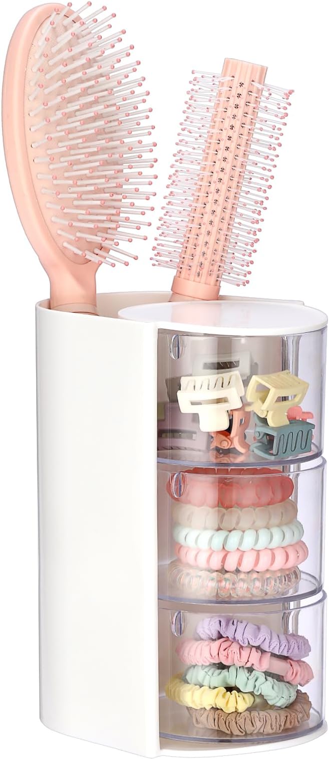 GUSHBIN Rotating Hair Accessories Organizer with Comb Holder Plastic Hair Clips Storage Container Cosmetic Storage Box for Makeup Sponge Brush, 3-Layer White