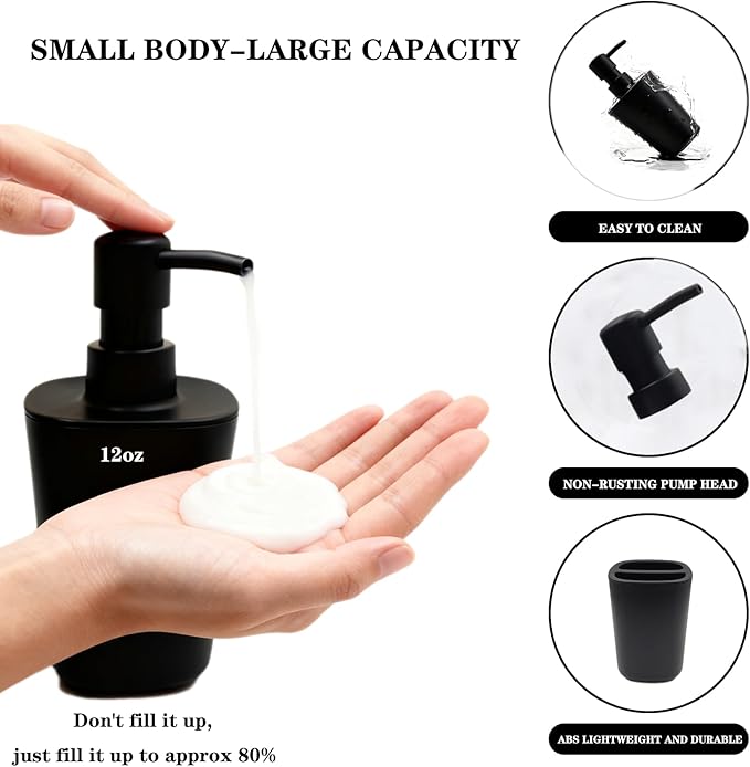 LGURT Matte Black Bathroom Decor Set – 4-Piece Plastic Modern Bathroom Accessories Set with Soap Dispenser, Toothbrush Holder, Rinse Cup & Soap Dish. Countertop Organizer for Home Bathroom Decor