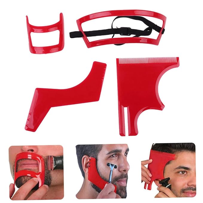 Beard Shaping Tool Kit Neckline Shaving Template Guide Set for Men Hair Styling Red