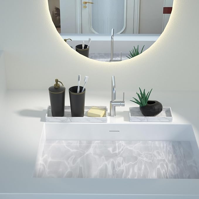 BiSUAN 2 Packs Silicone Bathroom Vanity Tray Large 11.8" ＆ Small 7.8" Set - Rectangle Shatterproof Flexible Bathroom Tray for Soap Dispenser, Tissues, Candles, Towel, Plant, Perfume Key