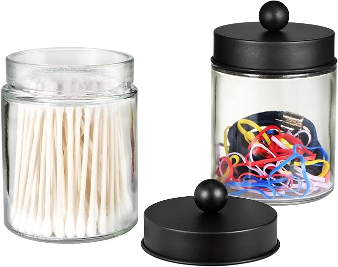SheeChung 3-Pack Black Glass Apothecary Jars - Rust-Proof Stainless Steel Qtip Holder Set - Modern Farmhouse Bathroom Vanity Organizer for Cotton Swabs, Balls, Pads - Countertop Storage Canister