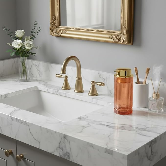 Tonxus Foaming Soap Dispenser, Glass Foam Hand Soap Dispenser with Pump, 14 Oz Bathroom Refillable Liquid Lotion Pump Ribbed Bottle Container for Kitchen Countertop Decor (1, Brown Gold)