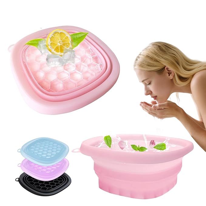 EBIGIC Face Bowl for Ice with Built-in IceTray,Collapsible Silicone Face Ice Bowl – Cold Plunge Therapy for Skin Tightening & Facial Treatment– Portable Spa Tool for Home & Travel（Pink) ﻿