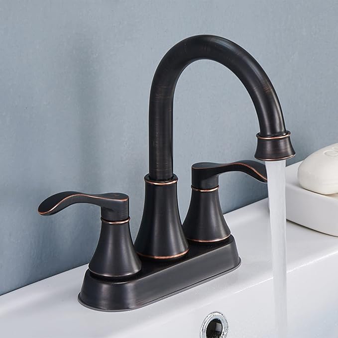 Lead-Free Antique 2 Handle Oil Rubbed Bronze Bathroom Sink Faucet, 360° Swivel High-Arc Spout 4-Inch Centerset Lavatory Vanity Faucets Set with Drain & Water Hoses, VABM10003H