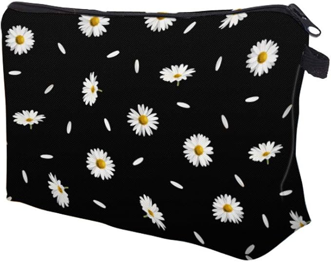 Aiphamy Cute Travel Makeup Bag Cosmetic Bag Small Pouch Gift for Women (Daisy Black)