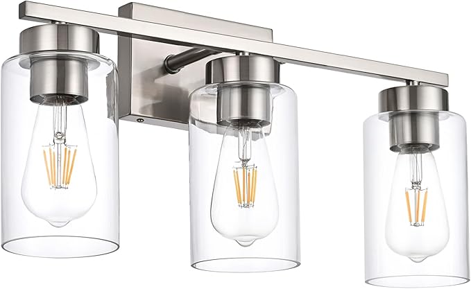 A1A9 3-Light Bathroom Vanity Light, Modern Brushed Nickel Wall Lights with Clear Glass Shades, Bathroom Wall Sconce Lamp for Mirror Living Room Bedroom Hallway