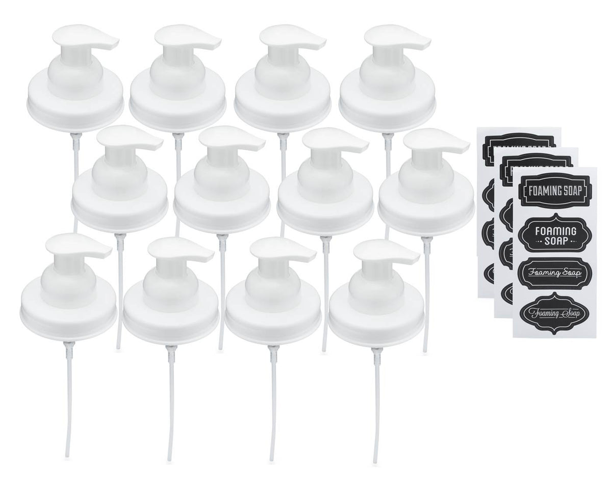 Jarmazing Products Mason Jar Foaming Soap Dispenser Lids - Includes Waterproof Stickers! (12, White)