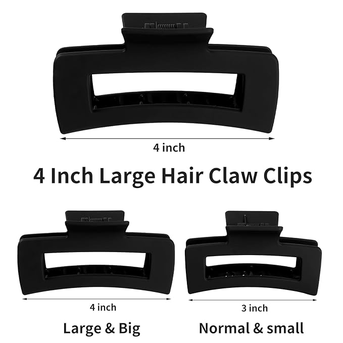 Sisiaipu 4.1 Inch Large Hair Claw Clips 12 Pcs Big Claw for Thick Hair Square Hair Clips Jumbo Jaw Clips Bulk Hair Accessories for women and Girls (Black)