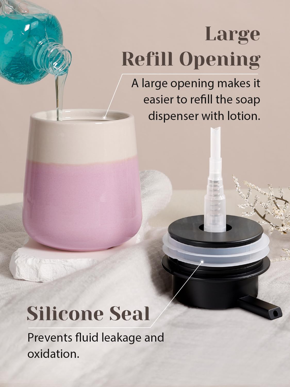 INGOFIN Ceramic Hand Soap Dispenser - 12 oz Liquid Lotion Dispenser Bathroom, Refillable Modern Dish Soap Dispenser with Pump for Kitchen, Beige and Pink
