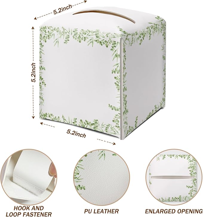 Greenery Tissue Box Cover Square with Bottom Belt, Leather Waterproof Tissue Holder Facial Paper Case Decorative for Tabletop Home Office Bathroom Car Decor -03