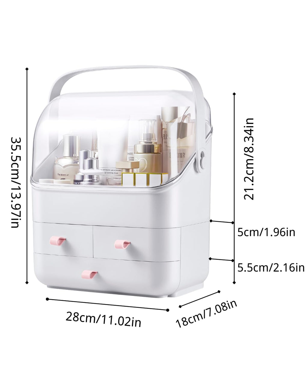 LINFIDITE Cosmetic Storage Box with Lid Makeup Organizer Box with Dust Free Cover Portable Handle,Large Makeup Display Case with Drawers Fully Open Lid,Great for Dresser Bathroom Countertop