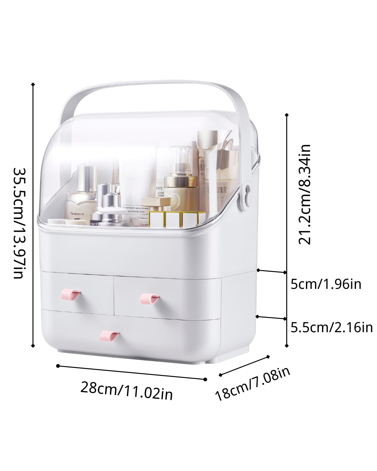 LINFIDITE Cosmetic Storage Box with Lid Makeup Organizer Box with Dust Free Cover Portable Handle,Large Makeup Display Case with Drawers Fully Open Lid,Great for Dresser Bathroom Countertop