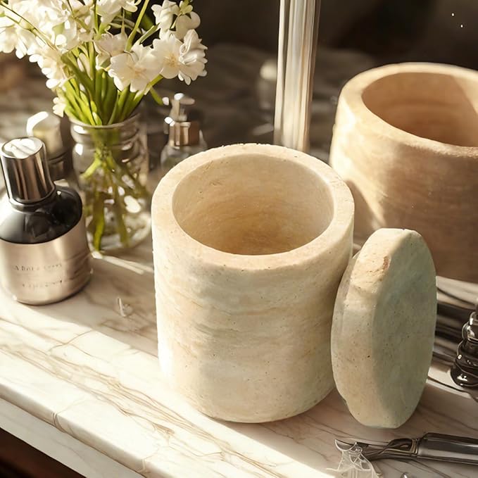 N NANSHOP Natural Marble Canister, Cotton Swab Holder with Lid, Marble Toothbrush Holder Qtip Holder Storage for Cotton Swab, Floss Picks, Makeup Pad, Bath Salt, Beige White Travertine(NS019)