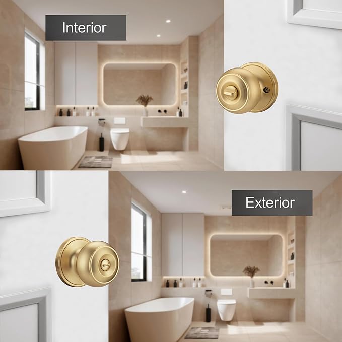 6 Pack Gold Door Knobs for Privacy, Brass Door Knob Interior for Bath & Bedroom with Turn Lock
