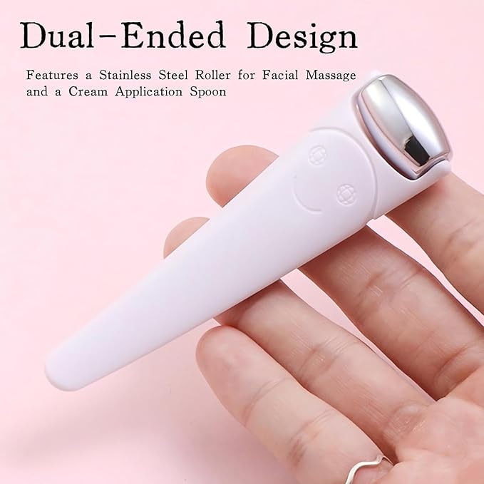 KINTEGOOD Mini Ice Roller for Face and Eyes, Portable Stainless Steel Facial Massage Tool with Cream Spoon for Travel, Dark Circles and Puffiness Relief, White