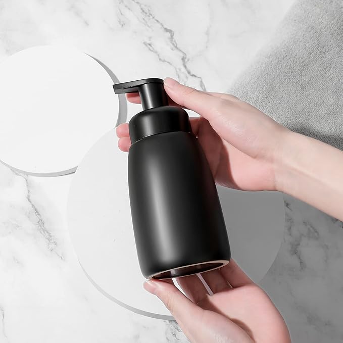 Foaming Hand Soap Dispenser Ceramic Jar Foam Dish Soap Dispenser for Bathroom and Kitchen Sink, Liquid Pump Bottle for Shampoo, Body Wash, Hand Soap, Black