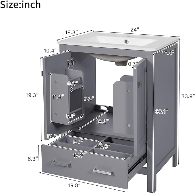Bellemave 24" Bathroom Vanity with Sink Combo Set, Solid Wood Frame Bathroom Storage Cabinet with a Drawer, 2 Soft Closing Cabinet Doors with Organizer, Grey