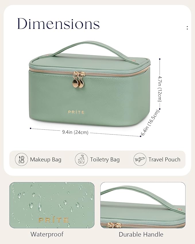 Prite Makeup Bag, Large Capacity Cosmetic Bag for Women and Girls, Waterproof PU Leather Travel Makeup Case, Toiletry Organizer with Handle and Divider for Skincare and Brushes - Green