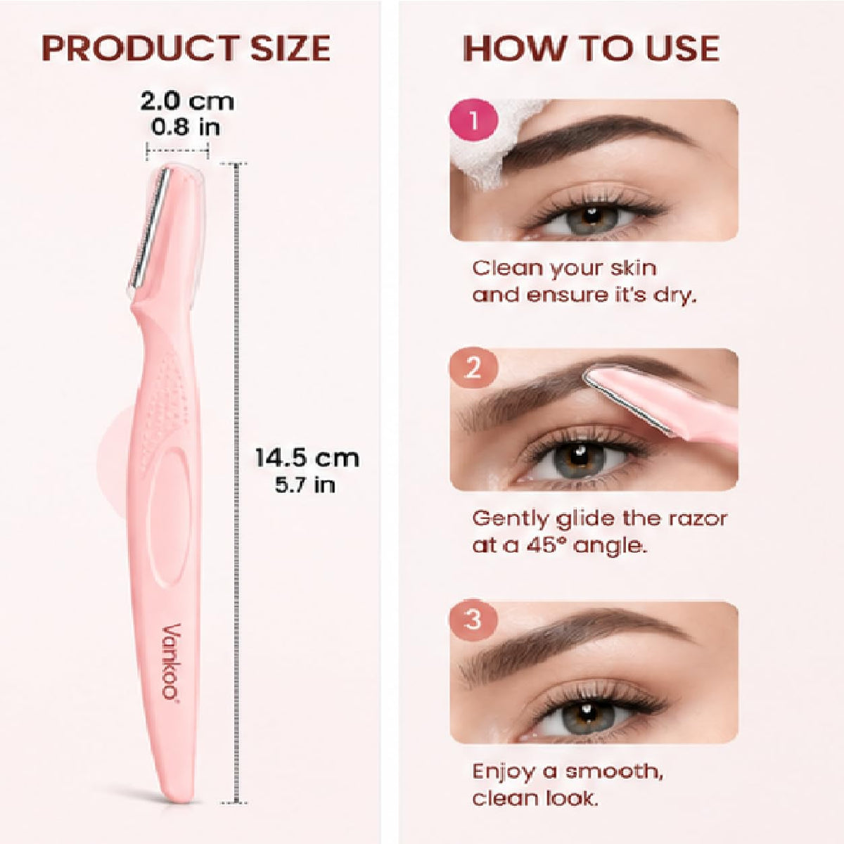Vankoo Facial Hair Remover & Eyebrow Trimmer - 2 in 1 Eyebrow & Face Shaver for Women - Rechargeable Face Razors for Women with Built-in LED Lights - Painless Hair Removal for Flawless Skin & Makeup