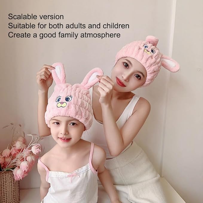 NAWPHEKI Kids Animal Hair Drying Towels, 2Pcs Pink Rabbit Bath Dry Hair Caps, Extrame Soft & Ultra Absorbent, Fast Drying Hair Turban Wrap Towels Shower Cap for Girls and Women