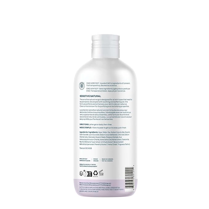 ATTITUDE Body Wash for Sensitive Skin, EWG Verified Shower Gel, Soothing Oat, Dermatologically Tested, Plant and Mineral-Based, Vegan Personal Care, Sweet Jasmine Scent, 16 Fl Oz