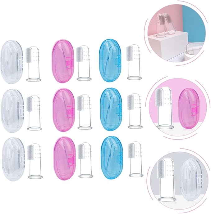 Mikinona 9Pcs Silicone Finger Toothbrush with Storage Box Dual Sided Oral Cleaning Brush for Years Teeth Cleaner Gum Massager Transparent Blue Pink Colors