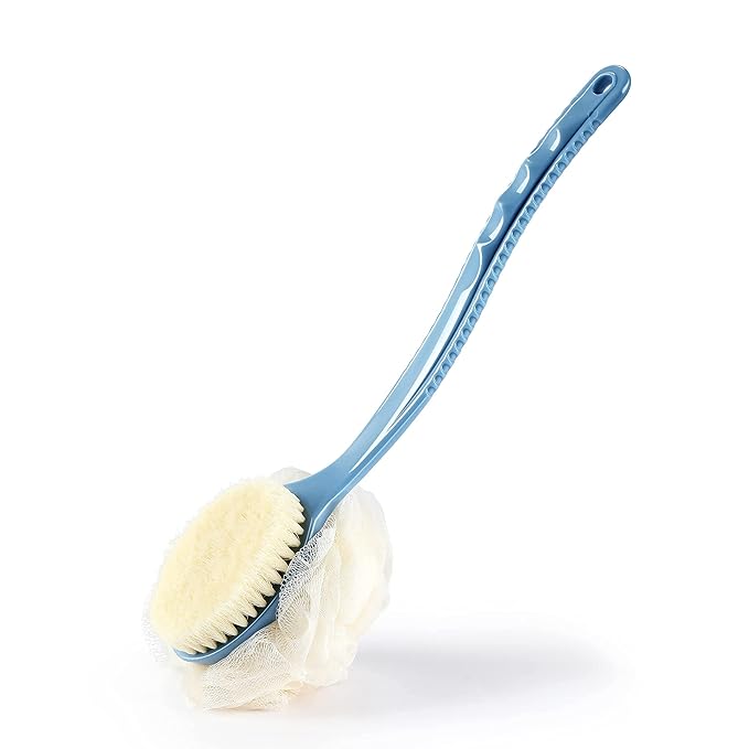 Shower Body Brush Bristles & Mesh Loofah Sponge,Curved Handle Back Scrubber