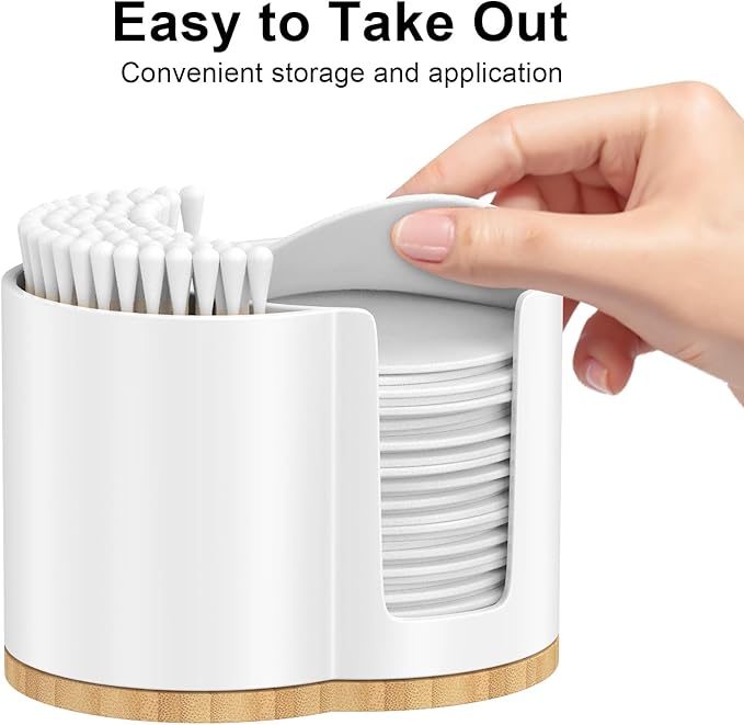 PENGARO Cotton Pad and Swab Holder, Q tip Holder Round Cotton Pad Dispenser Plastic Cotton Swabs Dispenser, Bathroom Accessories Storage Organizer for Cotton Pads Floss Picks, White
