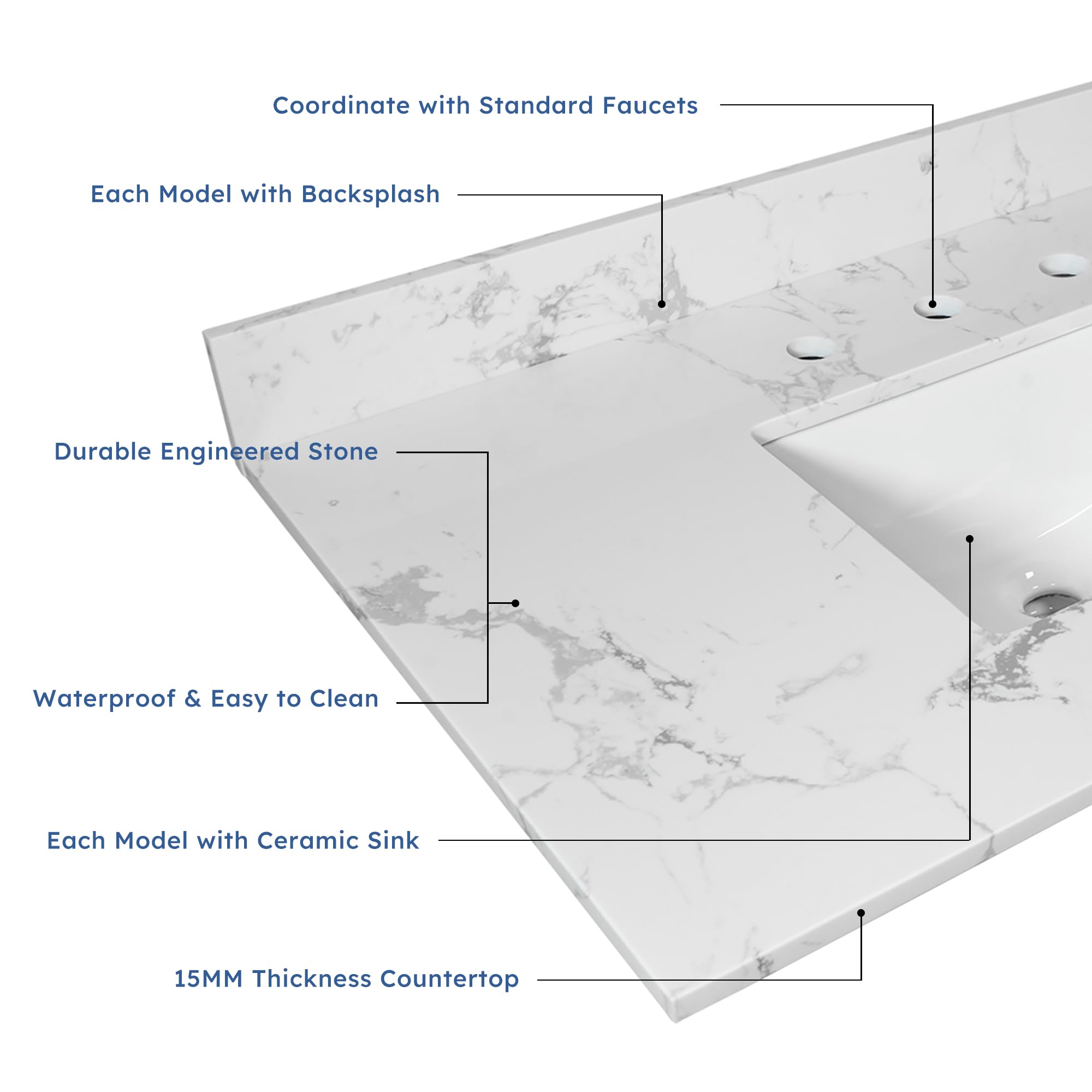 Montary 42" Bathroom Vanity with 43" Artificial Marble Carrara White Top, Modern Stylish MDF Bathroom Storage Cabinet, Vanity Set with 2 Doors and One Large Divided Drawer, White (Three Holes)