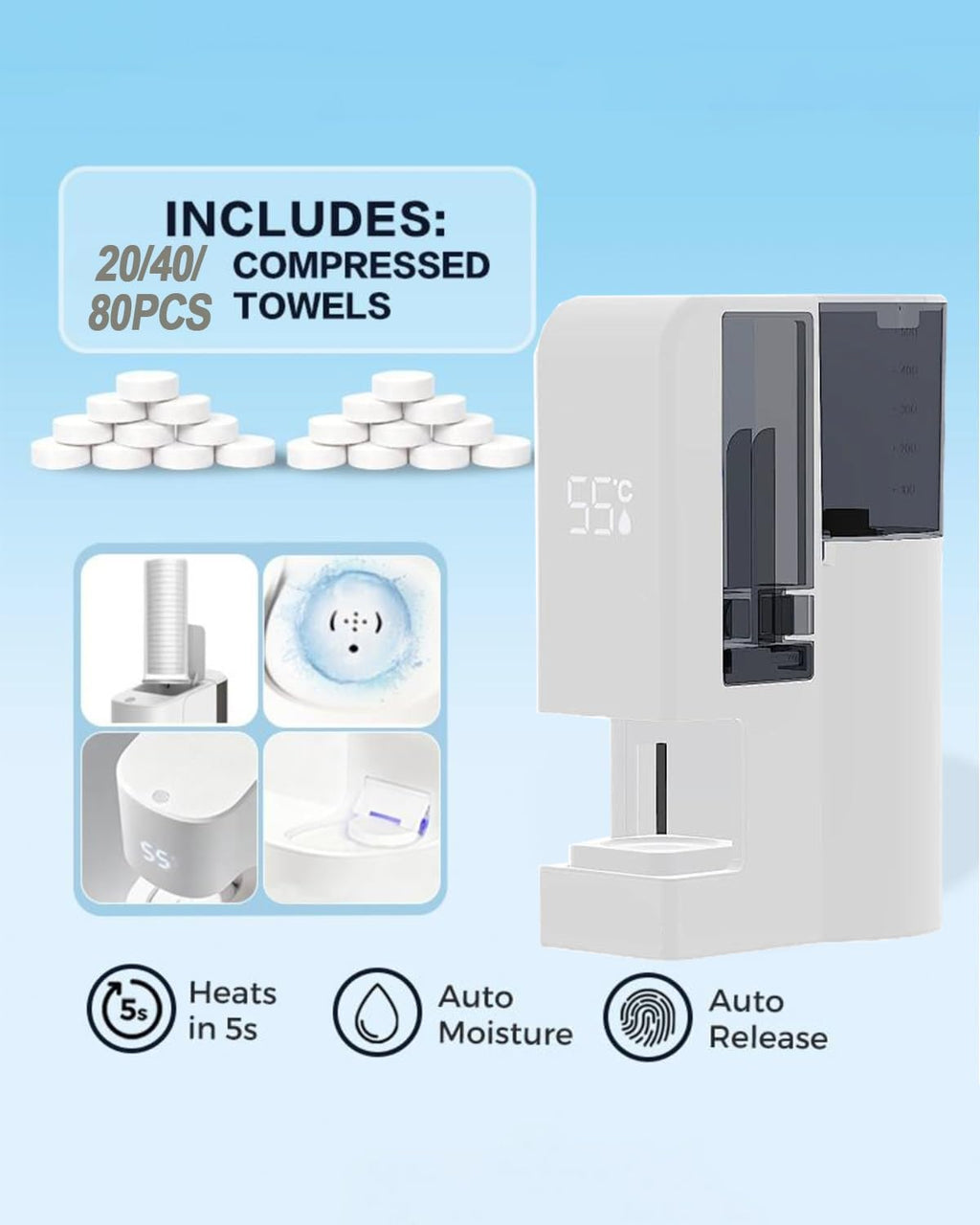 Hot Towel Dispenser, 2026 Upgraded Automatic Hot Face Towel Warmer Machine, Heats Up in 5 Seconds, Home Salon Equipment, for Facials, Smart Voice Alerts with Compressed Towels (40Pcs Towels)