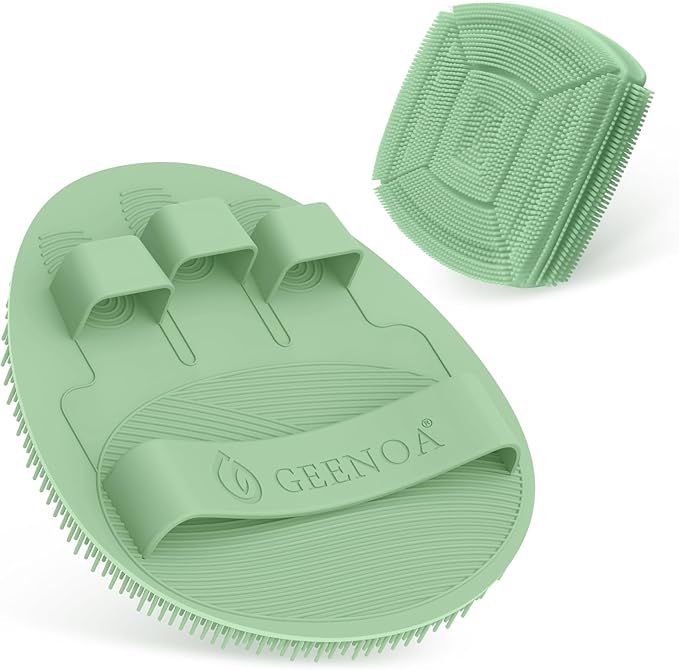 Silicone Bath Glove & Face Scrubber Set 2PCS, 360° Anti-Slip & Hand-fit Body Scrubber for Rich Foaming Deep Cleaning, Unique Facial Scrubber with Side-bristles for Contoured Areas.(Green)