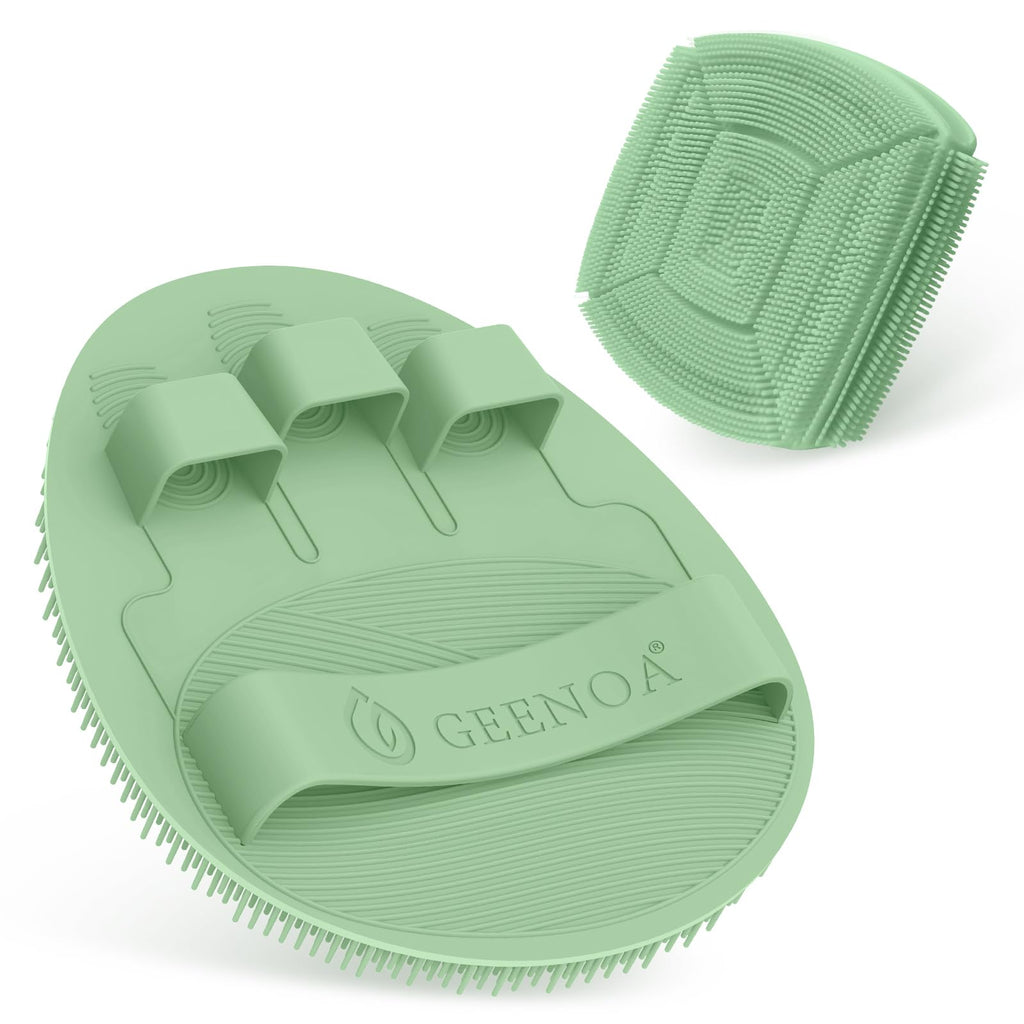 GEENOA Silicone Bath Glove & Face Scrubber Set 2PCS, 360° Anti-Slip & Hand-fit Body Scrubber for Rich Foaming Deep Cleaning, Unique Facial Scrubber with Side-bristles for Contoured Areas.(Green)