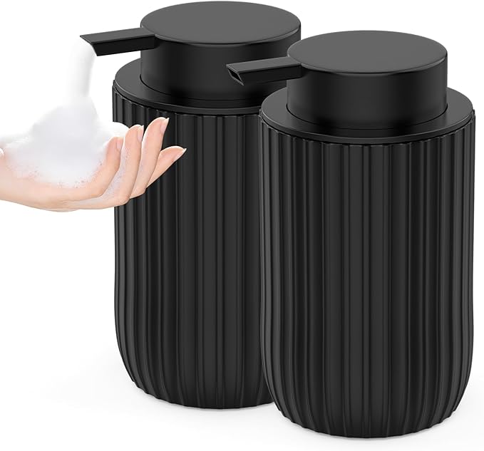 POSOSTO Ceramic Foaming Hand Soap Dispenser 2Pack，12 oz Bathroom Soap Dispensers， Lotion Dispenser for Kitchen, Refillable Matte Streaks Soap Dispenser with Large Pump (Black-2Pack)