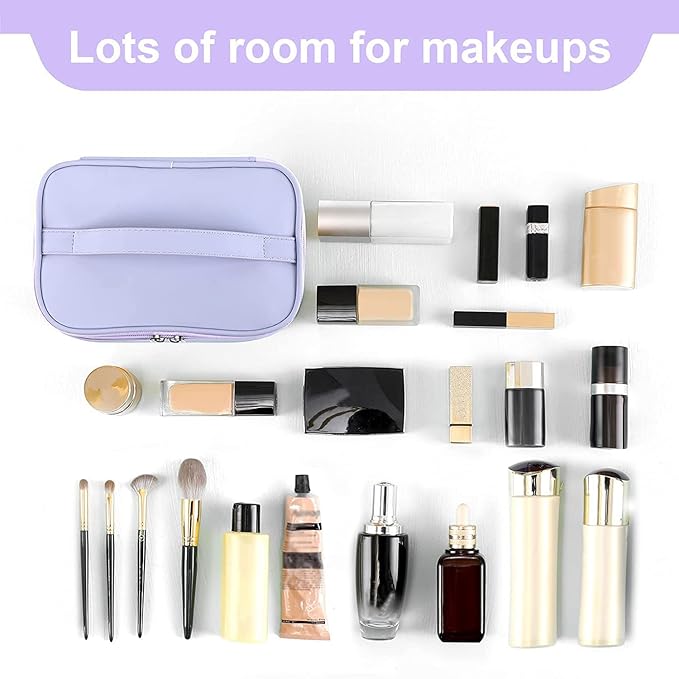 Travel Makeup Bag for Women, PU Leather Cosmetic Bag, Lavender Purple