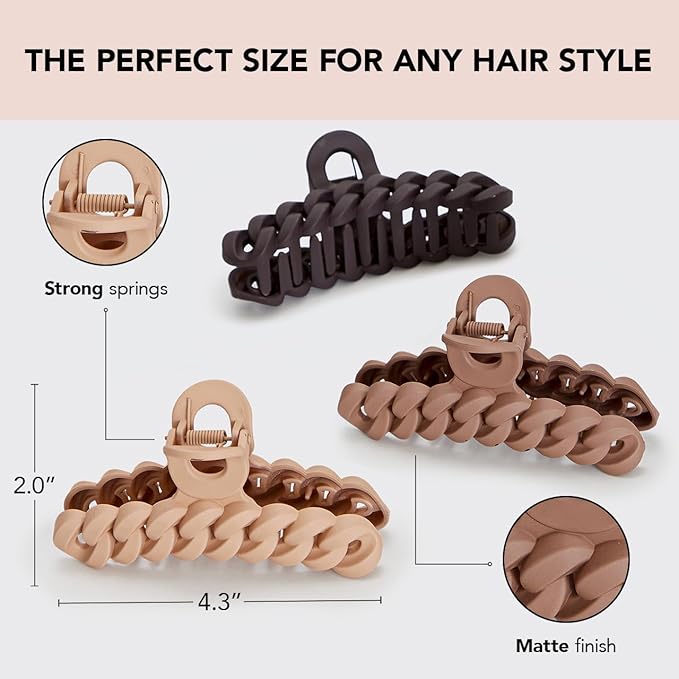 Kitsch Recycled Plastic Large Claw Clip, Big Chain Hair Clips for Women, Big Claw Clips for Thick Hair, (3pc Set Large Neutrals)