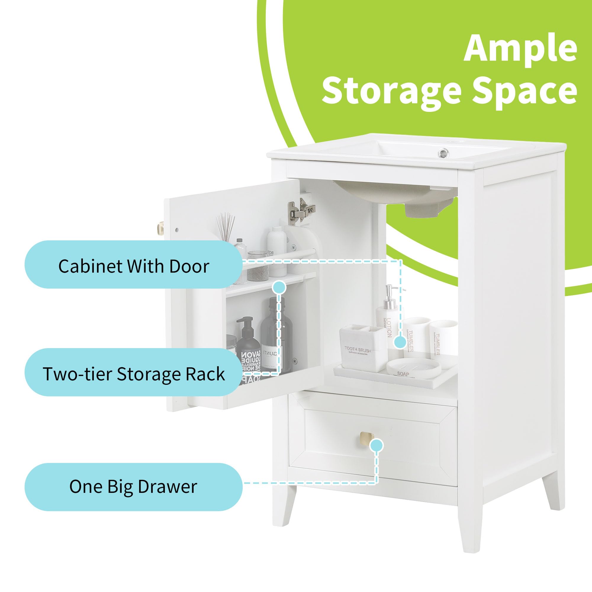 Bellemave 20-inch Solid Wood Bathroom Vanity with Sink, Free Standing Cabinet, Soft Closing Door, Storage Rack, Drawer (White)