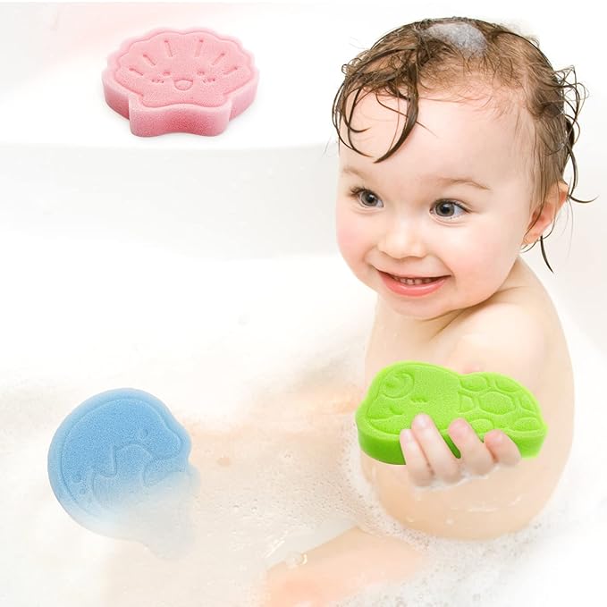 DANCELF Baby Bath Sponge, Natural Cute Shapes Soft Shower Sponges for Bathing, Bathtub Foam for Infants and Toddler, 3pcs: Blue Dolphin, Pink Shell, Green Turtle
