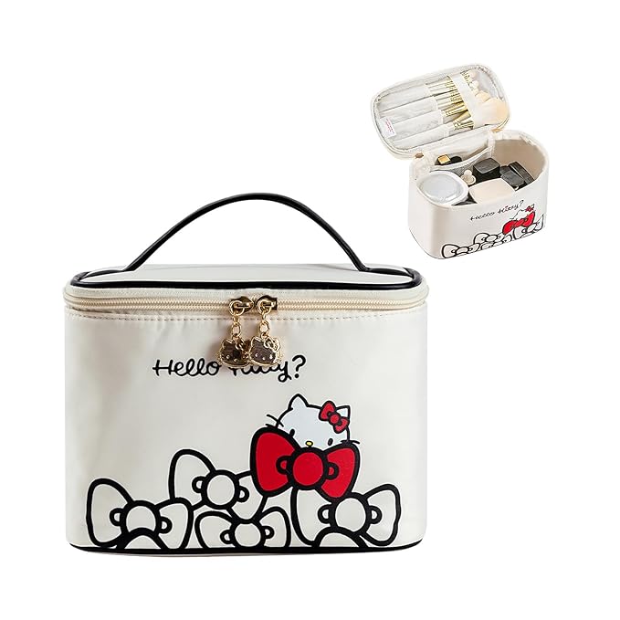 Vimanllie Makeup Bag Large Waterproof Cosmetic Bag with Dedicated Brush Holder,Cute Printed Makeup Organizer for Women Traveling,Portable Toiletry Bag for Girls