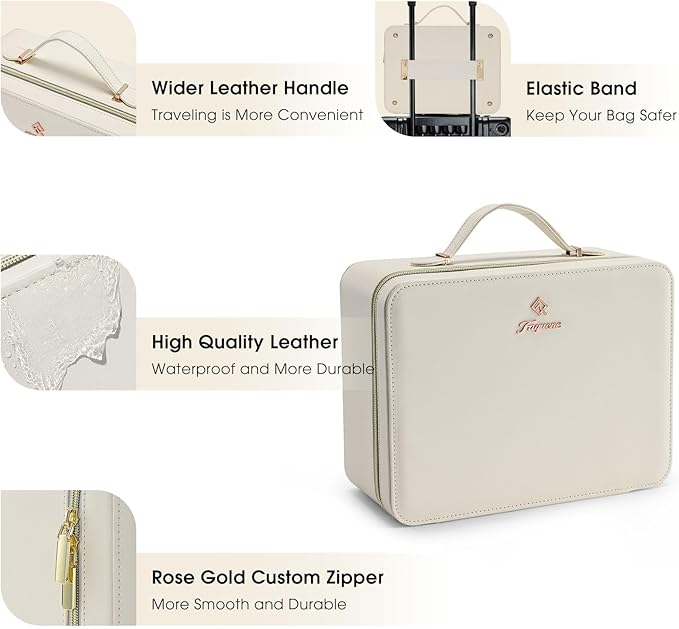 Faquenc Leather Makeup Case with LED Lighted Mirror 11.4 Inch Travel Makeup Bag Adjustable Brightness in 3 Colors Cosmetic Organizer Artist Storage Bag with Dividers Brush Holder Bag Vanity White