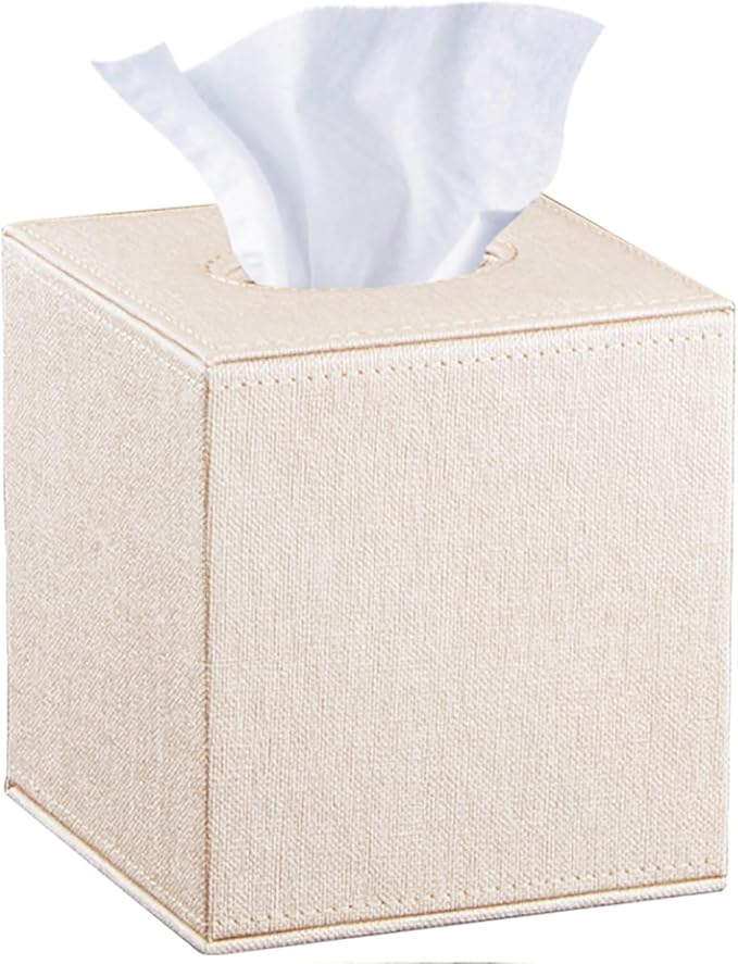 Leather Square Tissue Box Cover,Cut Tissues Cube Box Holder,Modern Facial Paper Organizer Storgage,Box Tissue Dispenser Decor Accessories for Bathroom NightStand Coffee Table Desk Home Office,Beige