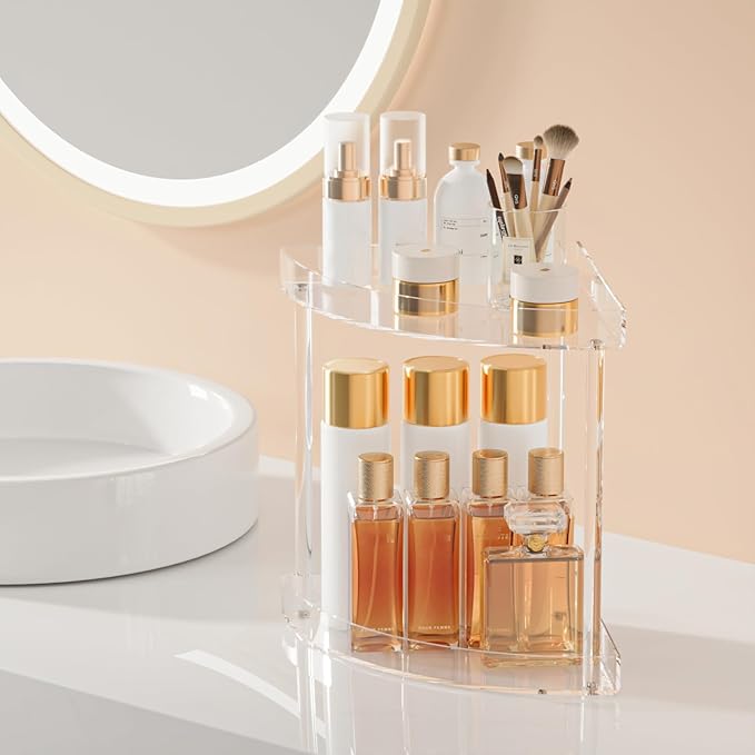 Acliys Bathroom Counter Organizer Countertop 2 Tier Storage Acrylic Corner Makeup Organizer for Makeup, Perfume, Vanity, Spice Rack, Bathroom Sink, Coffee Station(Clear)