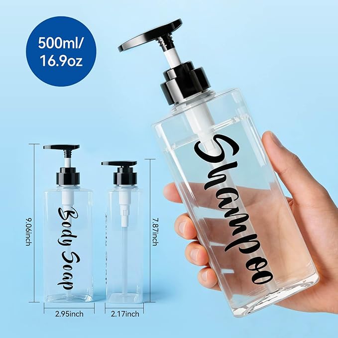 AUMIO 16.9oz Clear Shampoo and Conditioner Dispenser Set of 3, Refillable Empty Shampoo Bottles with Pump for Shower, Printed Plastic Soap Dispenser for Bathroom, Rectangular Body Wash Container Sets