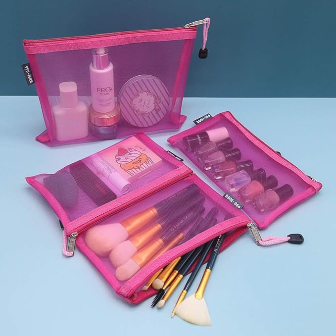 HRX Package Nylon Mesh Makeup Bags with Zipper, 6PCS Cosmetic Pouches Travel Organizer Case Hot Pink for Purse Diaper Bag (A5 x 3pcs, A6 x 3pcs)