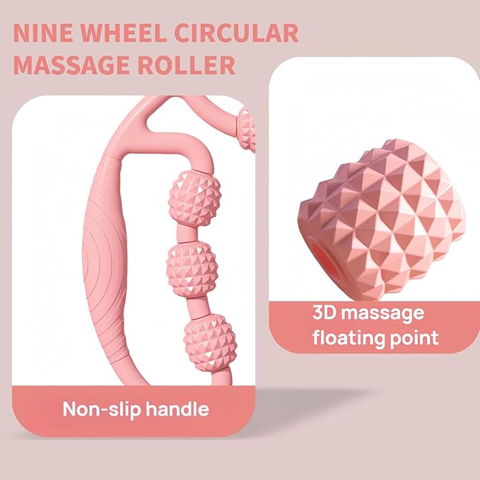 CyanBreeze Full Body Massage Tool with 9 Rollers, Pink Manual Massager for Neck, Shoulder, Back, Arms, Legs, 25cm Length, Double Massage Area Design