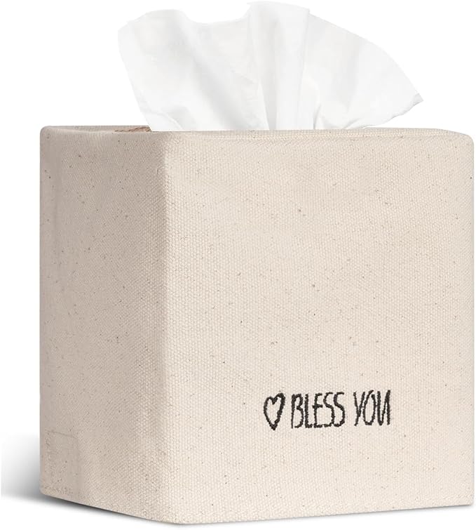 Livelab Tissue Box Cover Square, Chic Canvas Tissue Box Holder with Embroidery Text Decor, Stylish Tissue Case Facial Paper Cube Cover for Your Home, Officce and Bathroom | Ivory