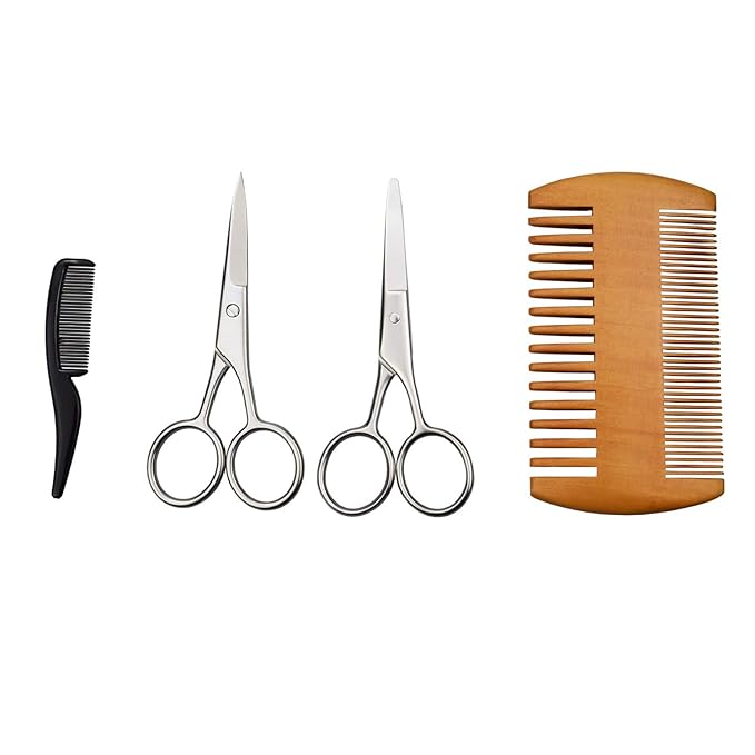 4-Piece Beard Scissors Set, Grooming Scissors, Mustache & Beard Combs, Storage Bag